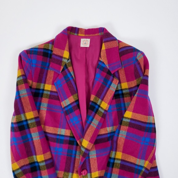 Vintage plaid blazer colourful multi-coloured bright structured shoulder pads - Picture 8 of 14